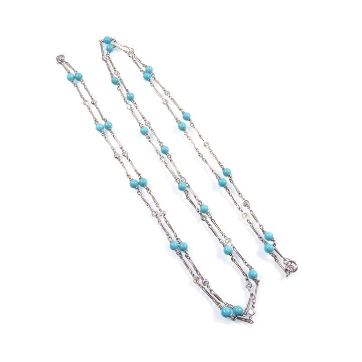 Platinum, turquoise bead and spectacle set diamond long chain necklace